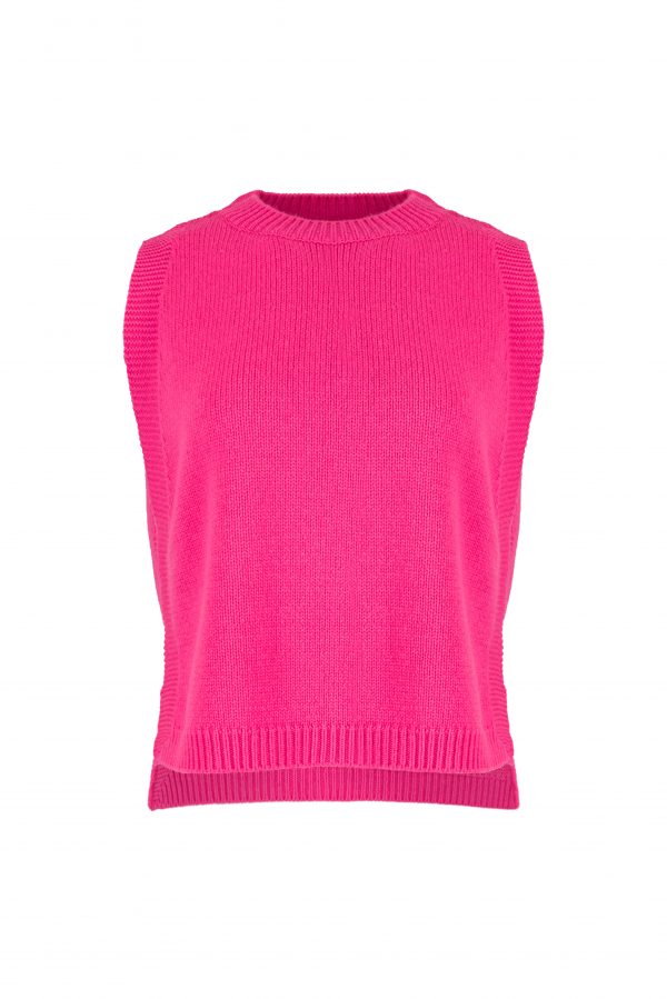 knitted vest features round neck, sleeveless, longer at the back with side split in fluro pink colour, front view