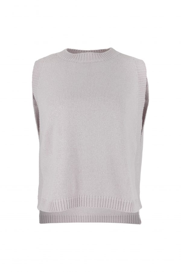 knitted vest features round neck, sleeveless, longer at the back with side split in orchid ice colour, front view