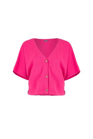 short sleeve cardigan, cropped cashmere blend button cardigan with V-neck and short sleeves front view