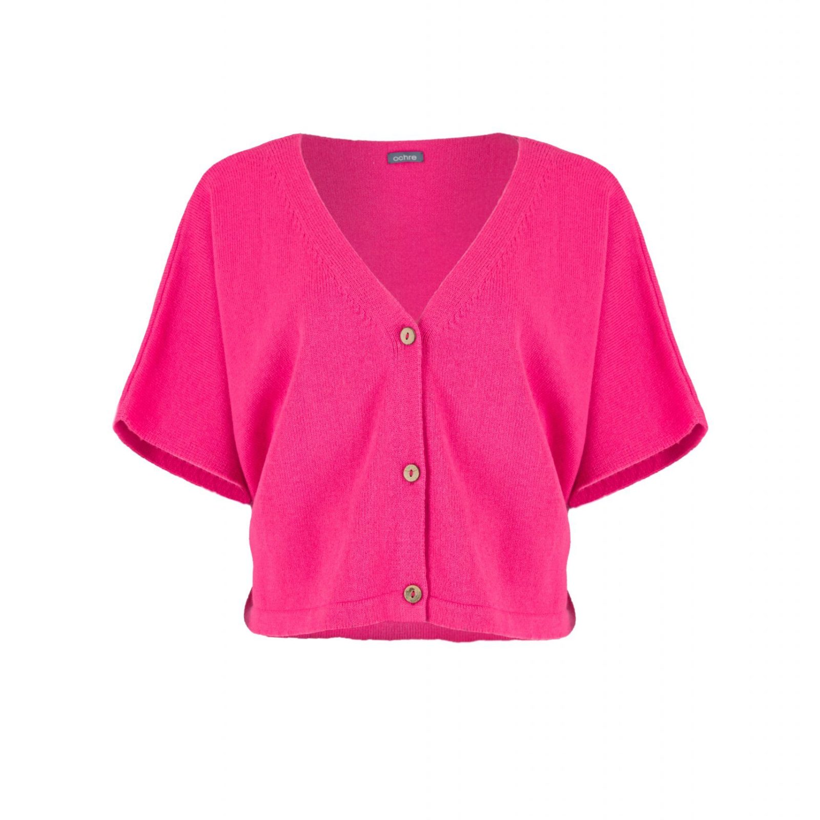 short sleeve cardigan, cropped cashmere blend button cardigan with V-neck and short sleeves front view
