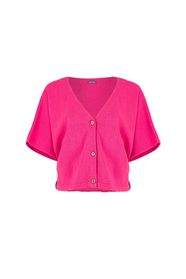 short sleeve cardigan, cropped cashmere blend button cardigan with V-neck and short sleeves front view