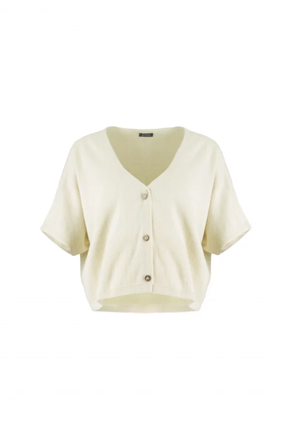 Nano-short-sleeve-cardigan-buttermilk-front - Ochre Knitwear short sleeve cardigan, cropped cashmere blend button cardigan with V-neck and short sleeves front view in buttermilk colour