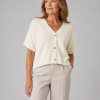 Nano-short-sleeve-cardigan-buttermilk-front-model - Ochre Knitwear