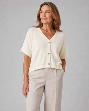 Nano-short-sleeve-cardigan-buttermilk-front-model Nano Button Short Sleeve Cardigan