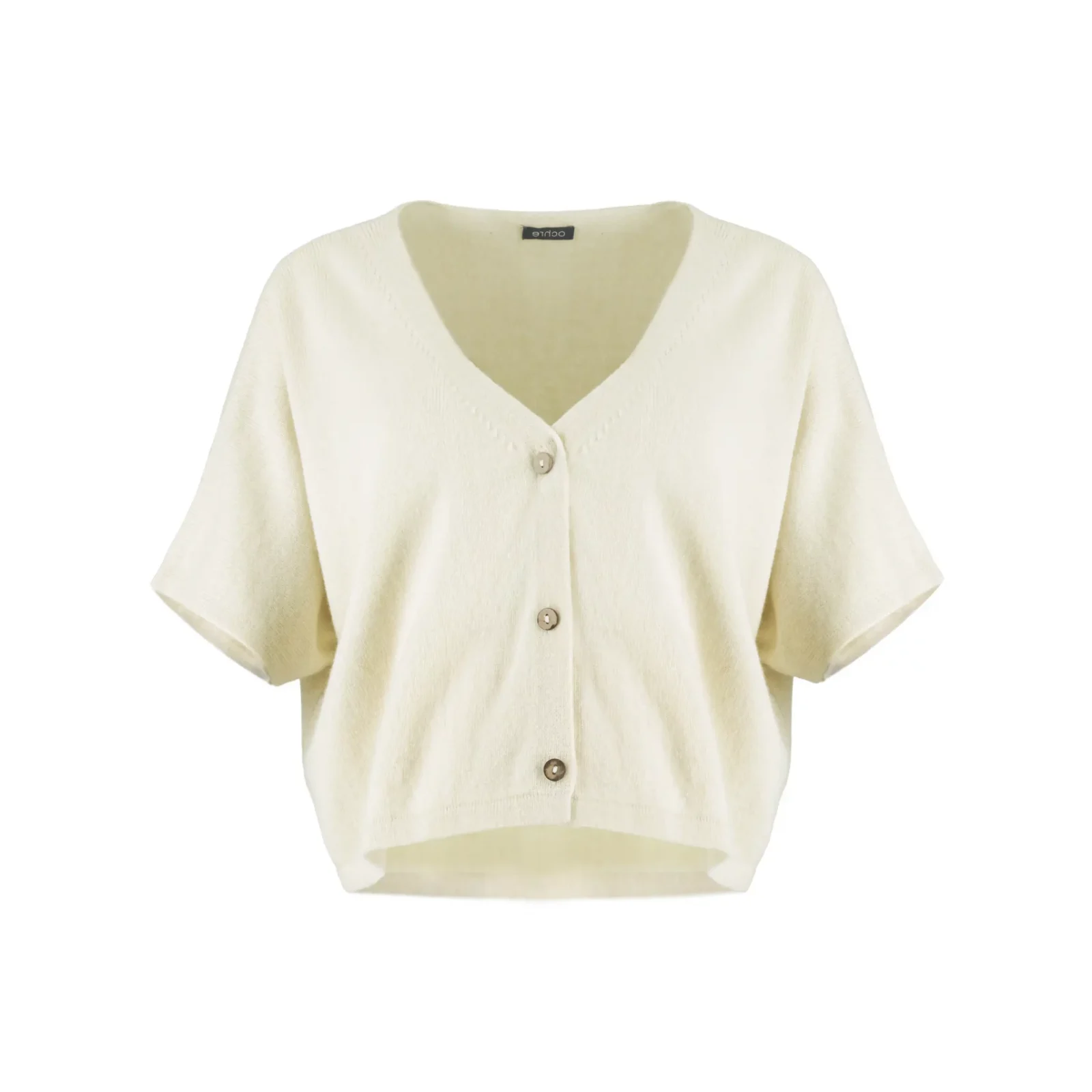 short sleeve cardigan, cropped cashmere blend button cardigan with V-neck and short sleeves front view in buttermilk colour