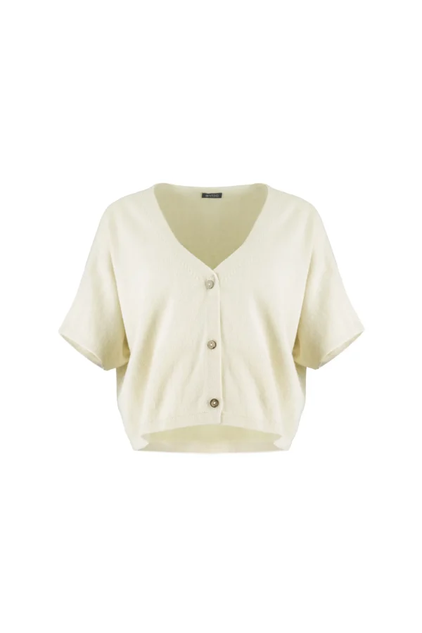 short sleeve cardigan, cropped cashmere blend button cardigan with V-neck and short sleeves front view in buttermilk colour