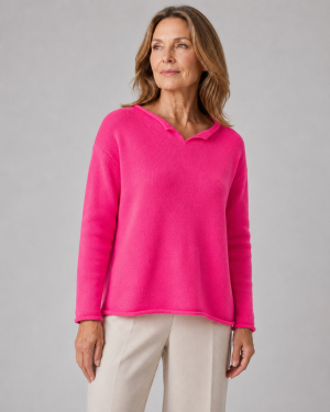 Row-cashmere-blend-jumper-fluro-pink-front-model Row Split Neck Cashmere Blend Jumper