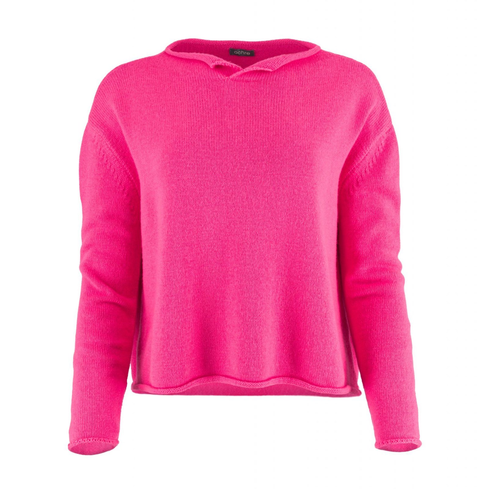 Row-cashmere-blend-jumper-fluro-pink-front - Ochre Knitwear cashmere blend jumper with soft split neckline and rolled edge finish front view