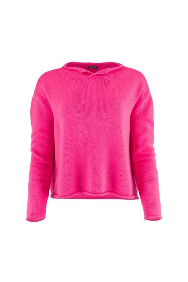Row-cashmere-blend-jumper-fluro-pink-front - Ochre Knitwear cashmere blend jumper with soft split neckline and rolled edge finish front view