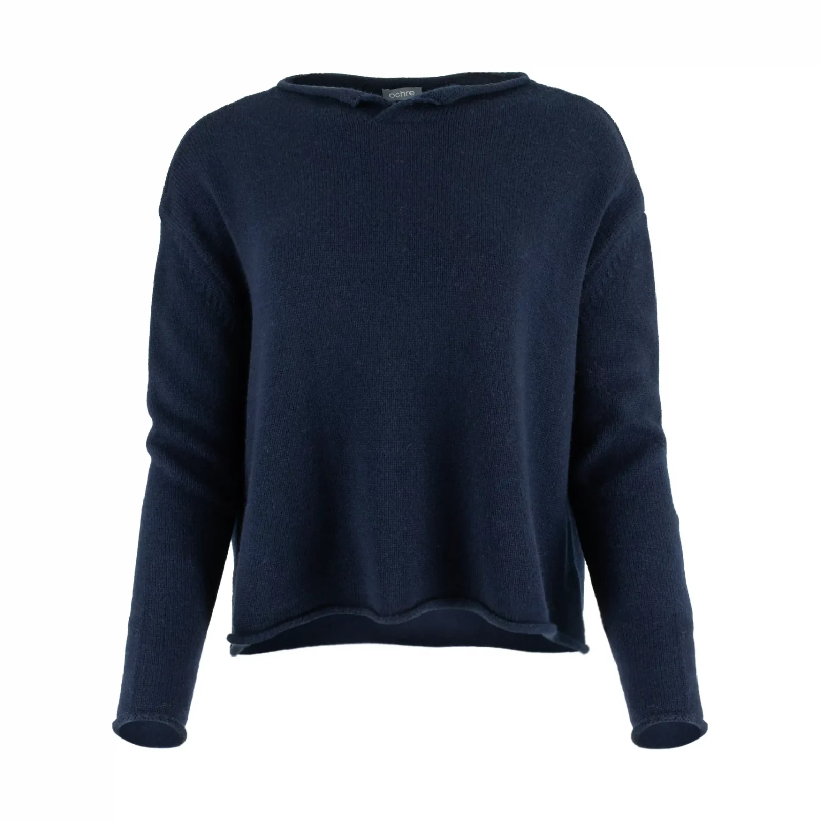 Row-cashmere-blend-jumper-navy-front - Ochre Knitwear cashmere blend jumper with soft split neckline and rolled edge finish front view in navy colour