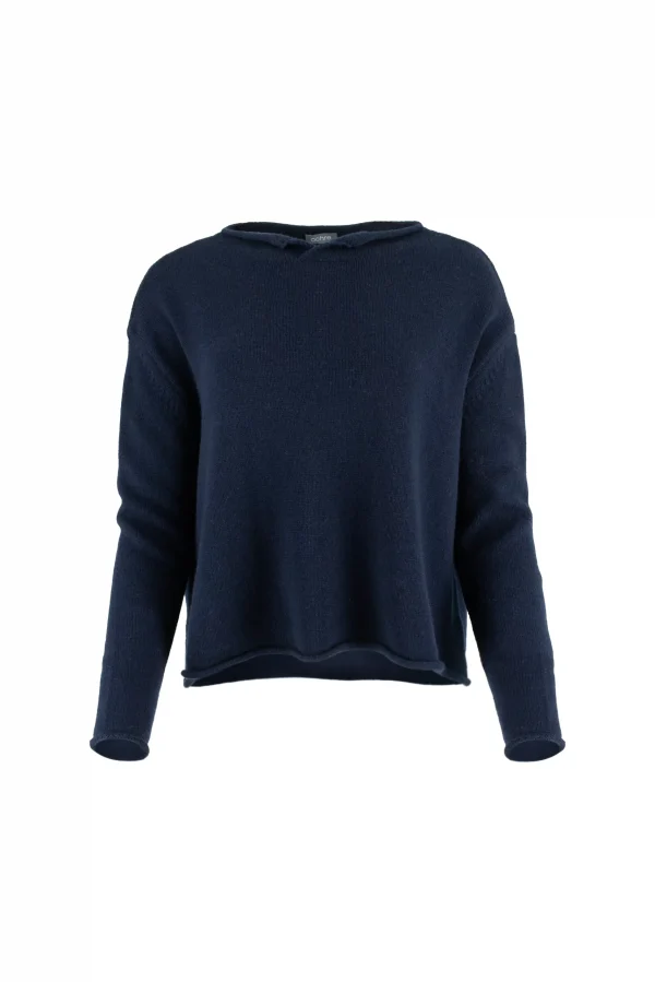 Row-cashmere-blend-jumper-navy-front - Ochre Knitwear cashmere blend jumper with soft split neckline and rolled edge finish front view in navy colour