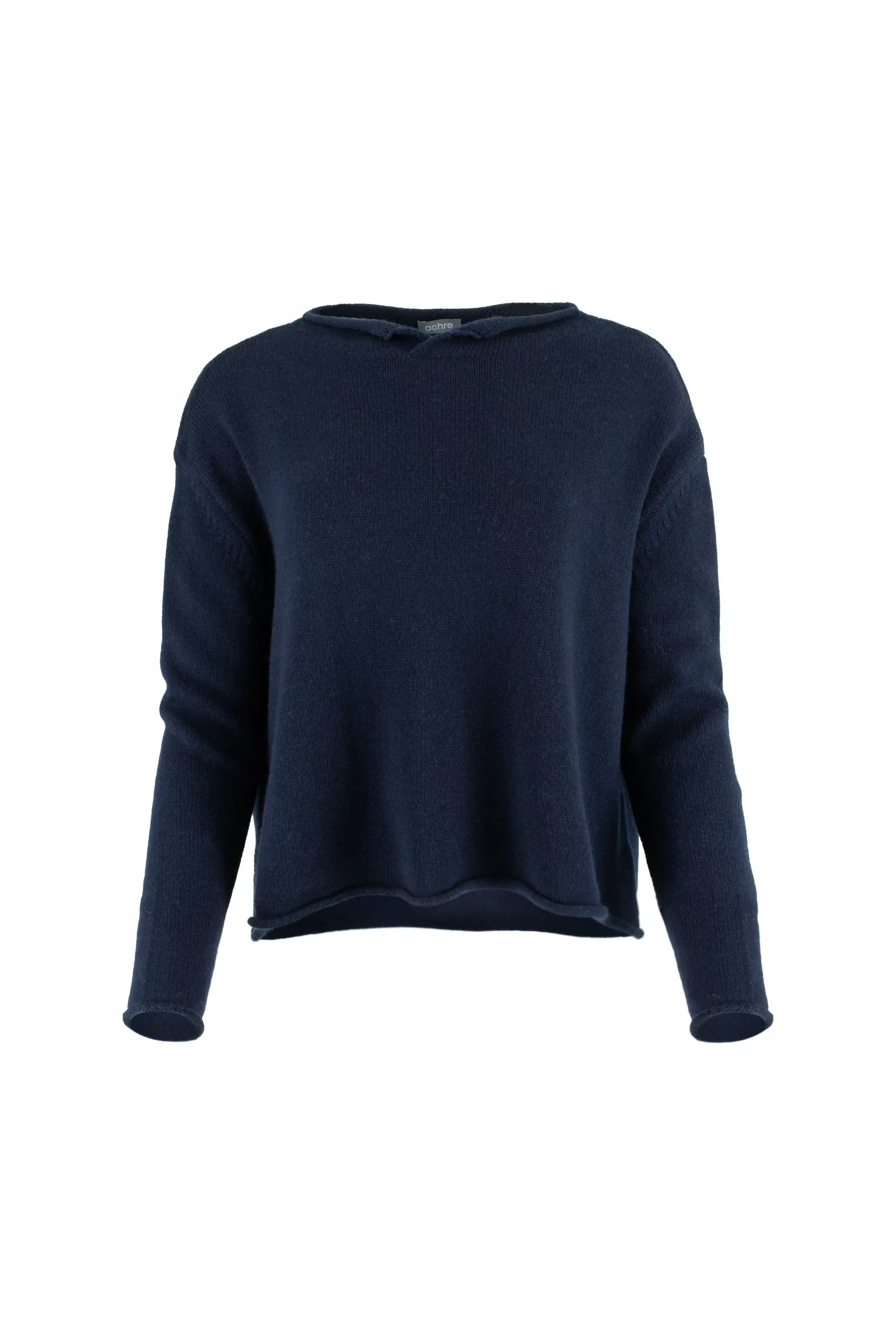 Row split-neck jumper: longer relaxed shape Ochre Row jumper in navy, with a shallow split neckline, dropped shoulders and rolled hem