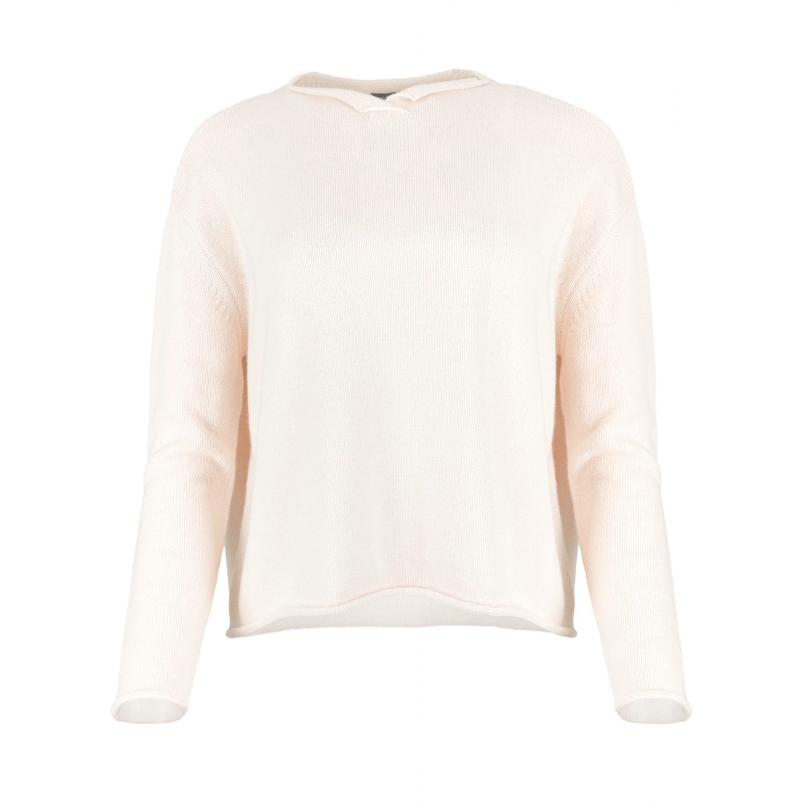 Row-cashmere-blend-jumper-pink-front - Ochre Knitwear Cashmere blend jumper with soft split neckline and rolled edge finish front view