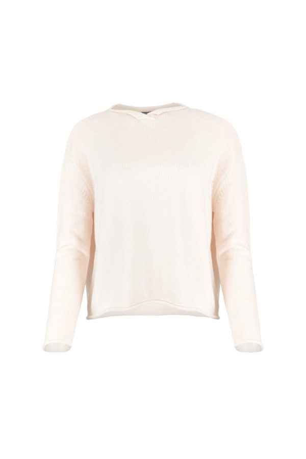 Row-cashmere-blend-jumper-pink-front - Ochre Knitwear Cashmere blend jumper with soft split neckline and rolled edge finish front view