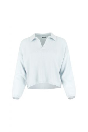 collared cashmere blend jumper with open V neckline and dropped shoulders front view