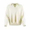 collared cashmere blend jumper with open V neckline and dropped shoulders front view in buttermilk colour