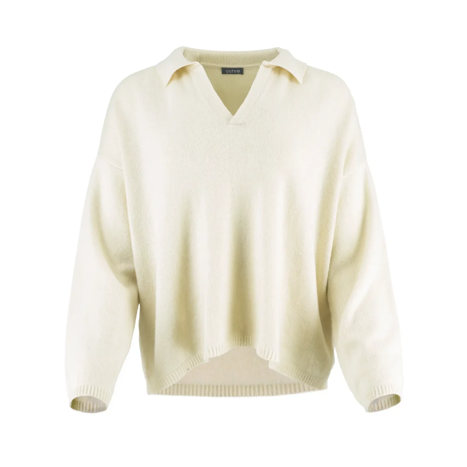 Rumble-collared-jumper-front - Ochre Knitwear collared cashmere blend jumper with open V neckline and dropped shoulders front view in buttermilk colour