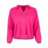 collared cashmere blend jumper with open V neckline and dropped shoulders front view in fluro pink colour
