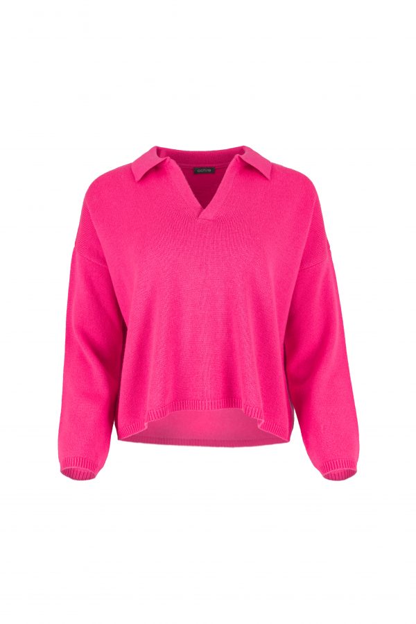 collared cashmere blend jumper with open V neckline and dropped shoulders front view in fluro pink colour