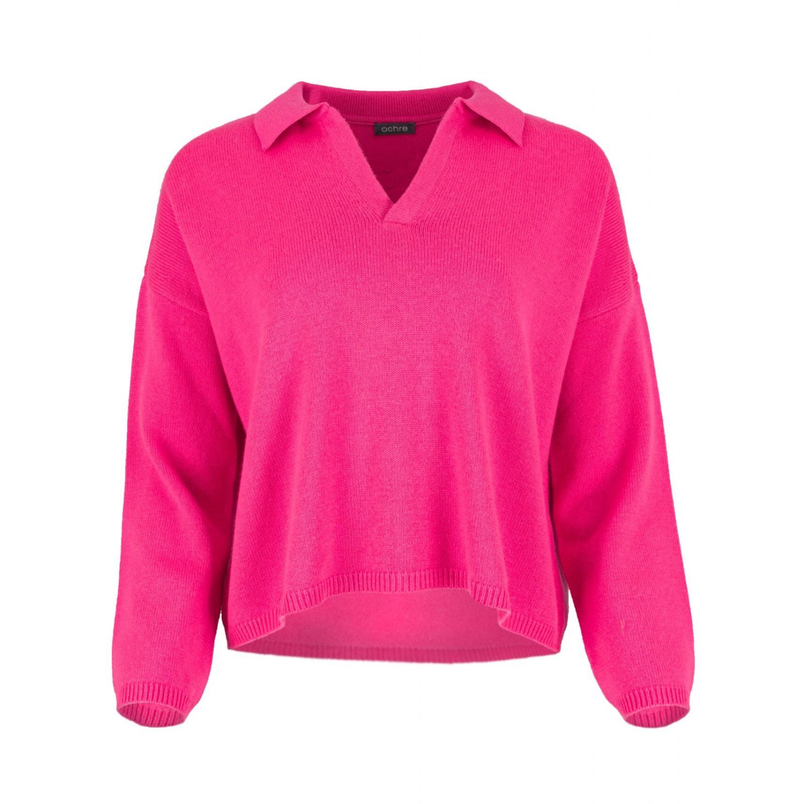 Rumble-fluro-pink-front - Ochre Knitwear collared cashmere blend jumper with open V neckline and dropped shoulders front view in fluro pink colour