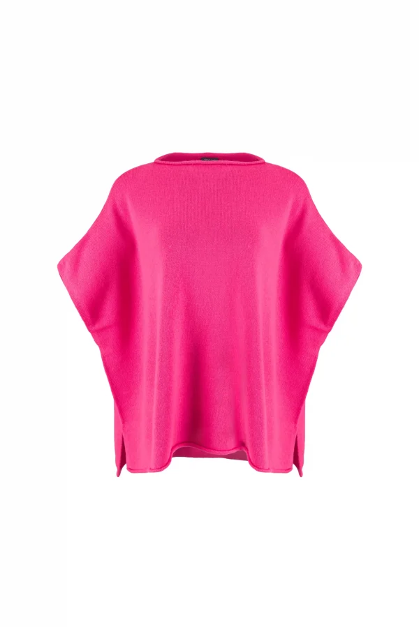 Rumi-dropped-sleeve-gilet-fluro-pink-front - Ochre Knitwear Dropped sleeve cashmere blend knit gilet with curved hem front view