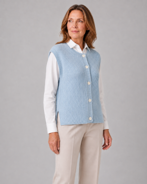 Shaby-button-knit-vest-front-model Ribbed button knit vest with capped shoulders front view, displayed by fashion model