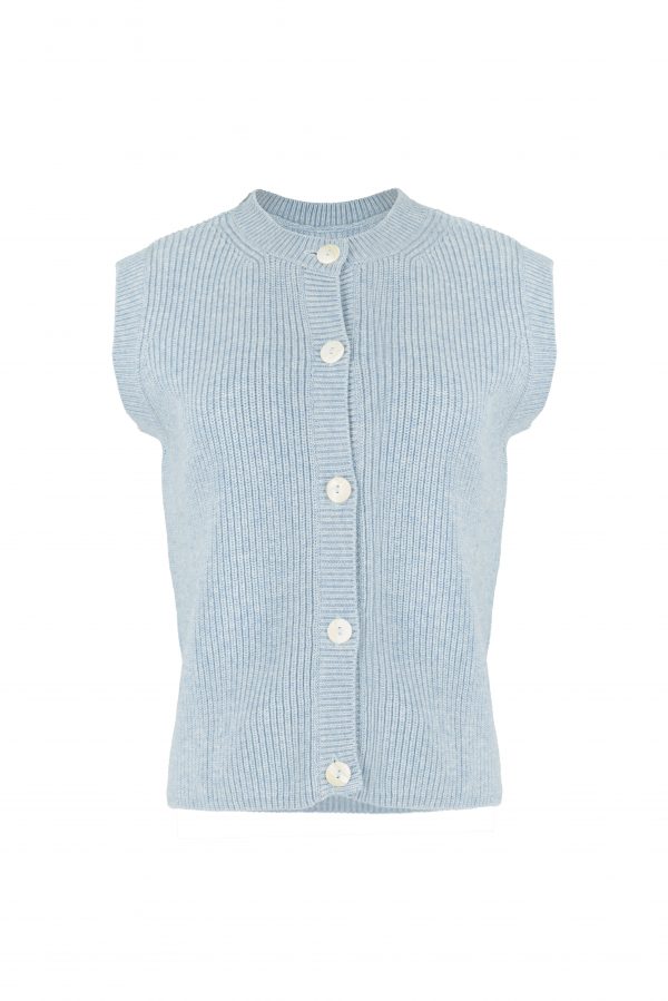 Ribbed button knit vest with capped shoulders front view