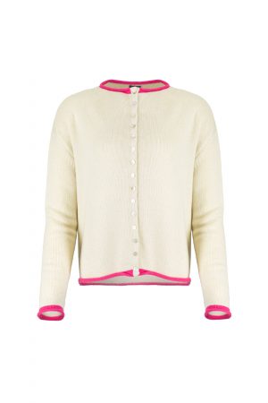 contrast trim cardigan with long sleeves and mother-of-pearl small buttons front view