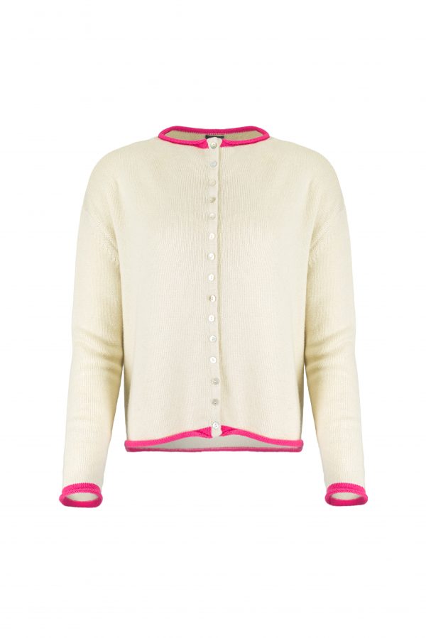 contrast trim cardigan with long sleeves and mother-of-pearl small buttons front view