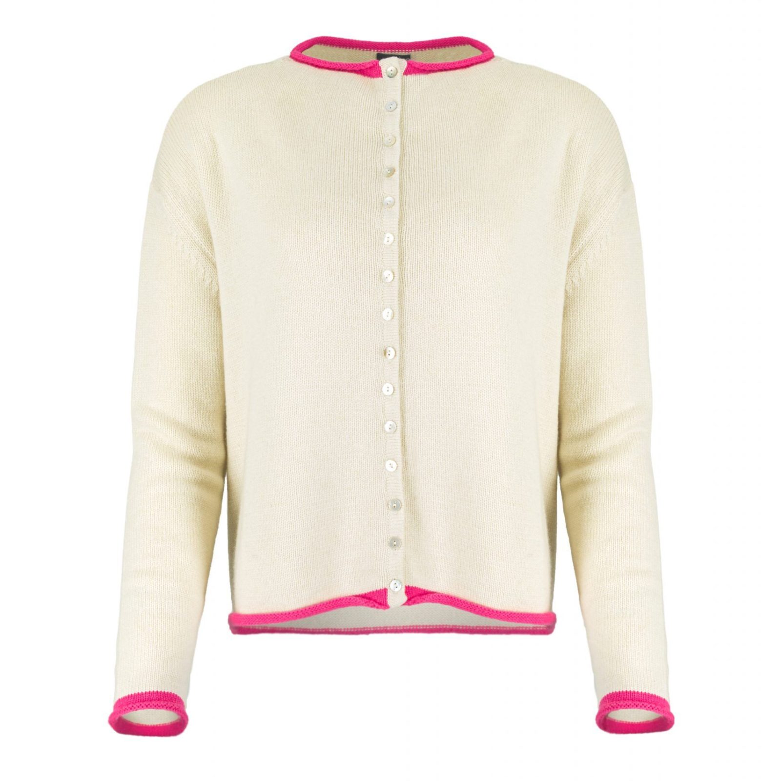 contrast trim cardigan with long sleeves and mother-of-pearl small buttons front view