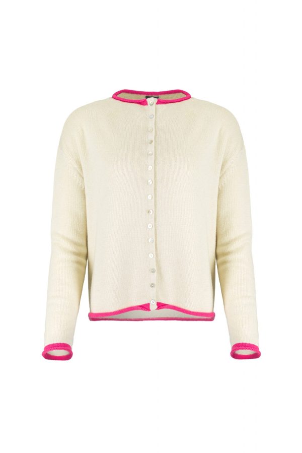 contrast trim cardigan with long sleeves and mother-of-pearl small buttons front view