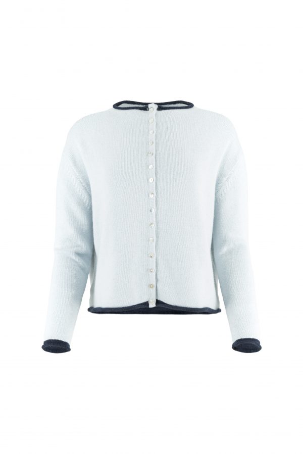 contrast trim cardigan with long sleeves and mother-of-pearl small buttons front view