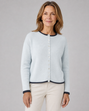 Zen-contrast-trim-cardigan-cloud-blue-navy-front-model Zen Contrast Trim Cardigan