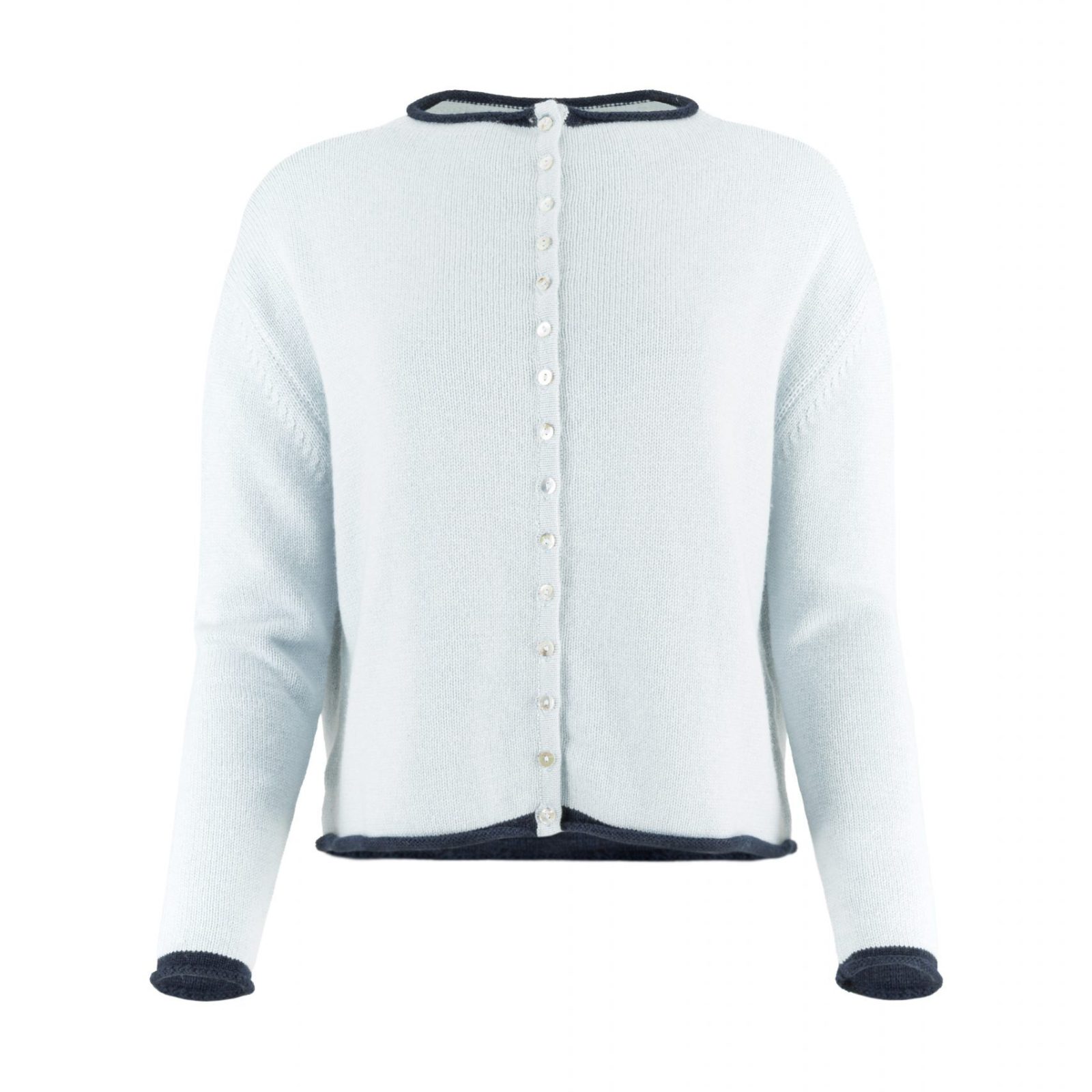 contrast trim cardigan with long sleeves and mother-of-pearl small buttons front view