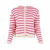 striped cardigan with long sleeves, six small buttons and contrasting colours buttermilk and fluro pink, front view