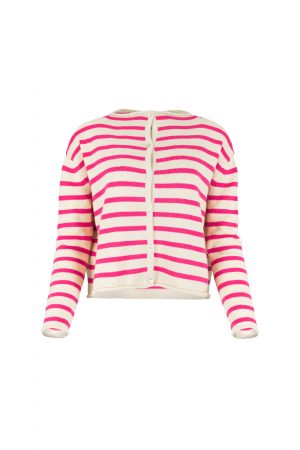 striped cardigan with long sleeves, six small buttons and contrasting colours buttermilk and fluro pink, front view