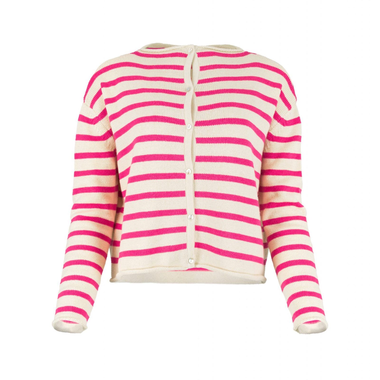 Zeya-buttermilk-fluro-pink-colour-front-view - Ochre Knitwear striped cardigan with long sleeves, six small buttons and contrasting colours buttermilk and fluro pink, front view
