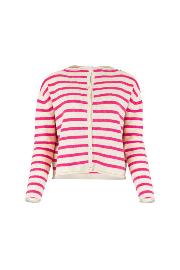 Zeya-buttermilk-fluro-pink-colour-front-view - Ochre Knitwear striped cardigan with long sleeves, six small buttons and contrasting colours buttermilk and fluro pink, front view