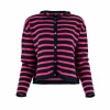 striped cardigan with long sleeves, six small buttons and contrasting colours navy and fluro pink, front view