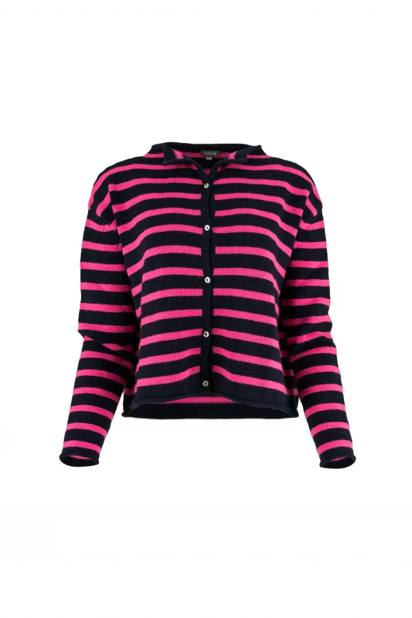 striped cardigan with long sleeves, six small buttons and contrasting colours navy and fluro pink, front view