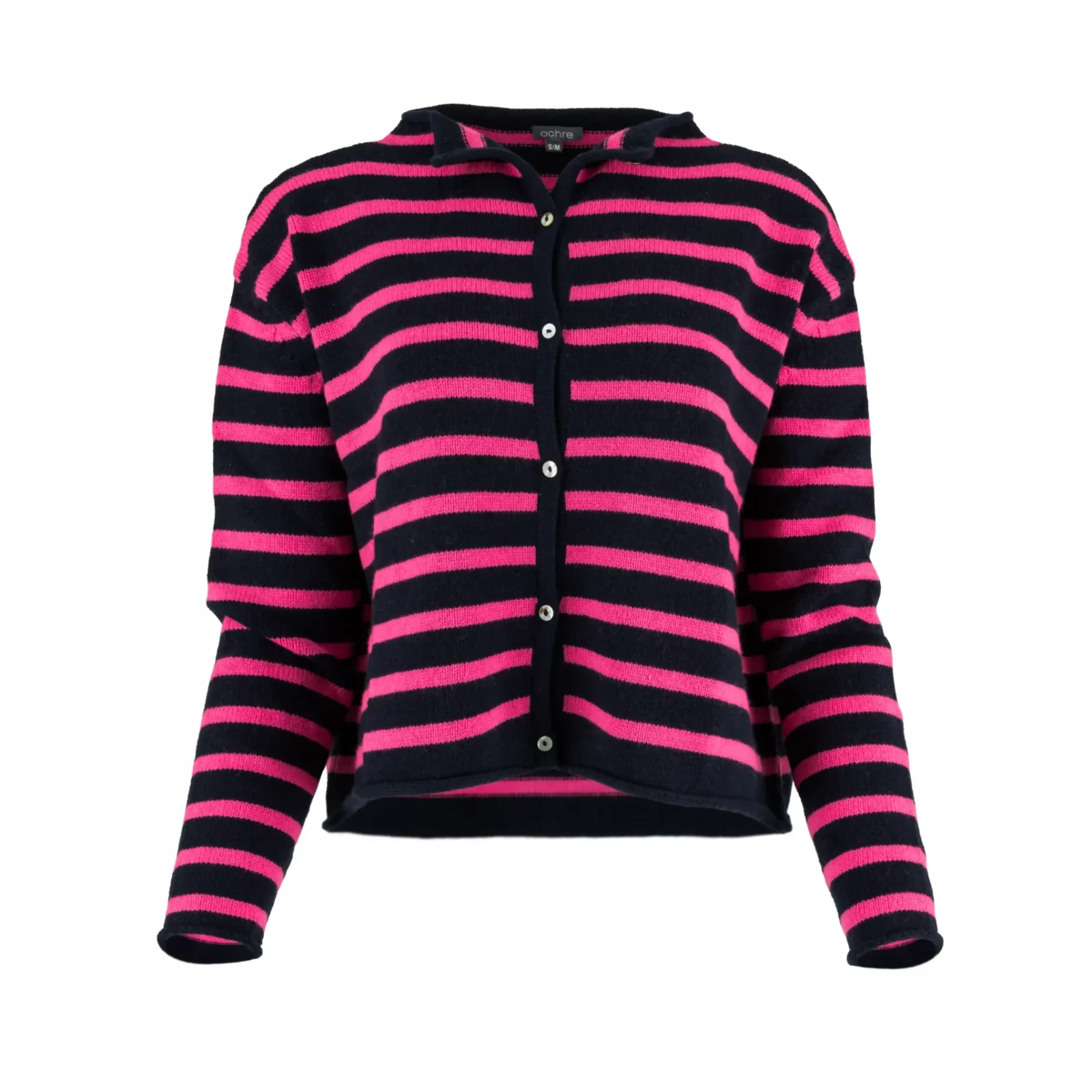Zeya-striped-cardigan-navy-fluro-pink-front - Ochre Knitwear striped cardigan with long sleeves, six small buttons and contrasting colours navy and fluro pink, front view