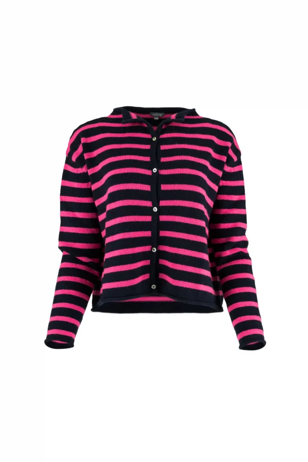 Zeya-striped-cardigan-navy-fluro-pink-front - Ochre Knitwear striped cardigan with long sleeves, six small buttons and contrasting colours navy and fluro pink, front view