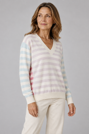 Cherry Stripe Cashmere Blend V-Neck Jumper