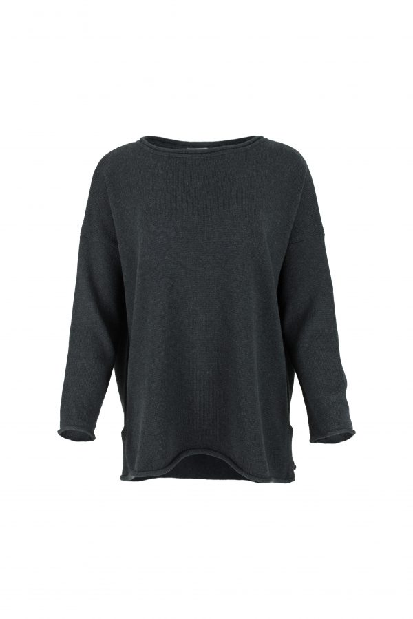 organic cotton jumper in black marl by Ochre Knitwear, front view with relaxed fit, wide neckline and curved hem
