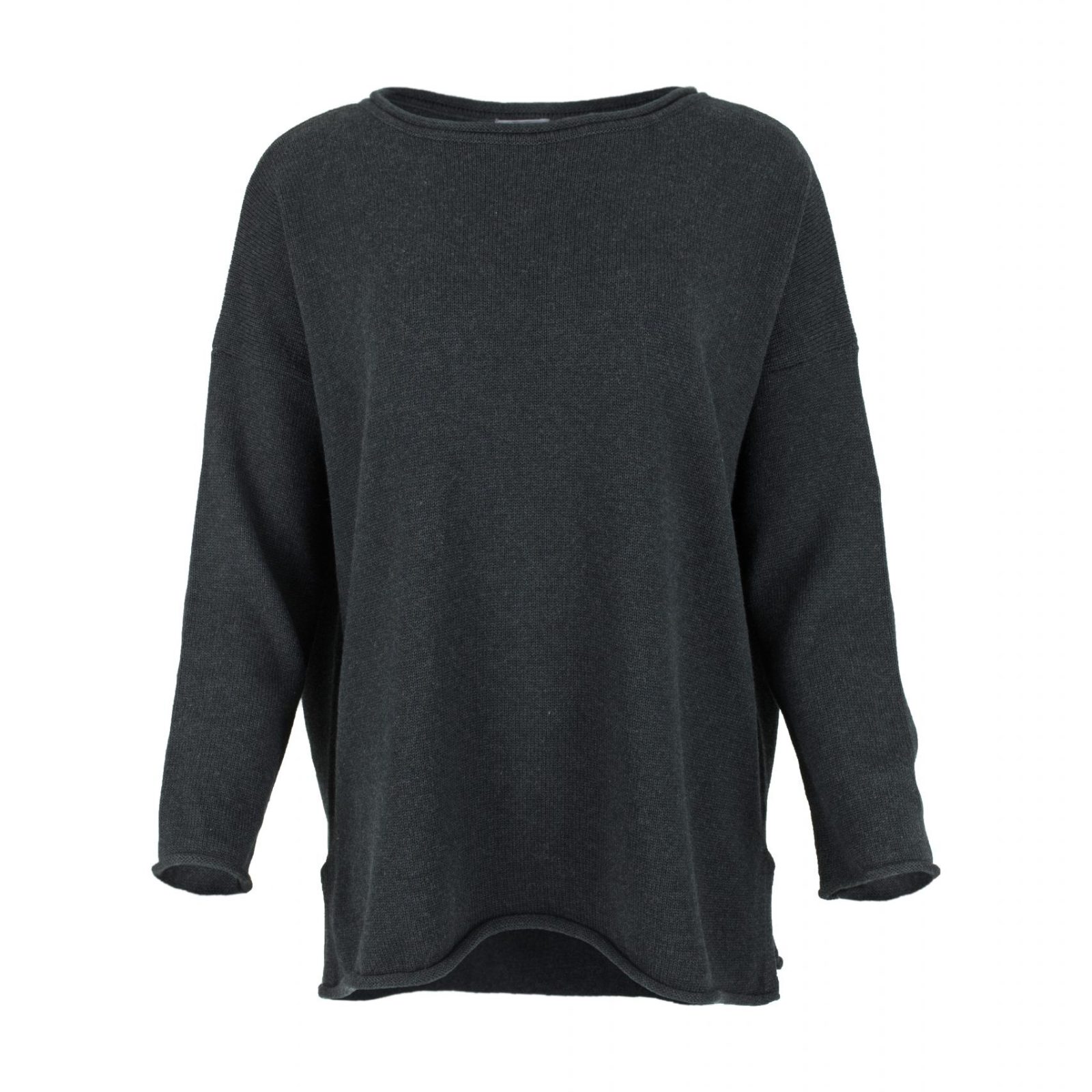 Jonah-cotton-black-front - Ochre Knitwear organic cotton jumper in black marl by Ochre Knitwear, front view with relaxed fit, wide neckline and curved hem