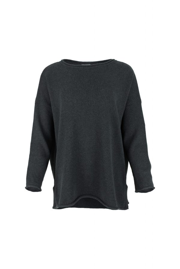 Jonah-cotton-black-front - Ochre Knitwear organic cotton jumper in black marl by Ochre Knitwear, front view with relaxed fit, wide neckline and curved hem
