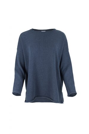 organic cotton jumper in navy marl by Ochre Knitwear, front view with relaxed fit, wide neckline and curved hem