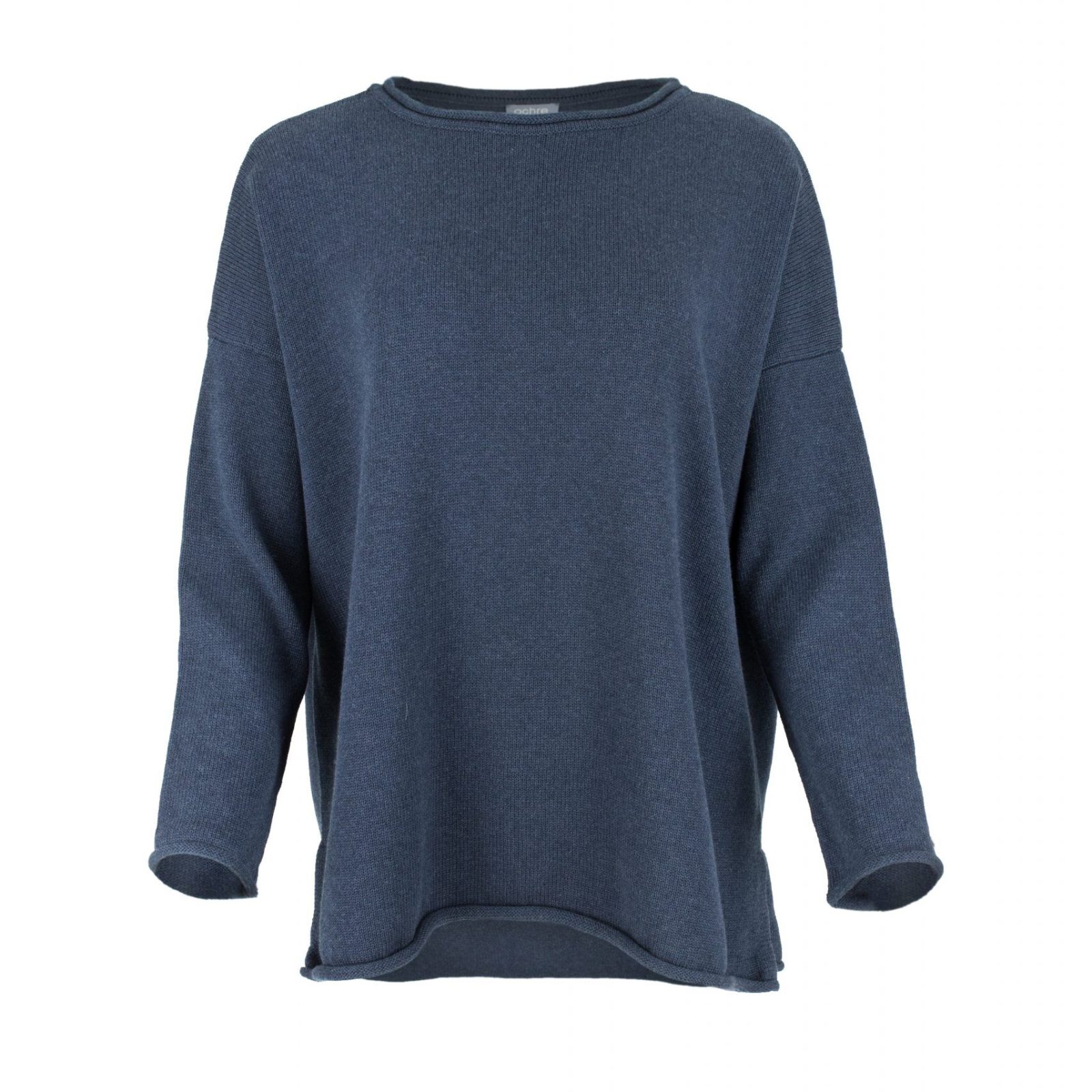 Jonah-cotton-navy-marl-front - Ochre Knitwear organic cotton jumper in navy marl by Ochre Knitwear, front view with relaxed fit, wide neckline and curved hem