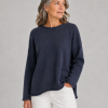 organic cotton jumper in navy marl by Ochre Knitwear, front view with relaxed fit, wide neckline and curved hem