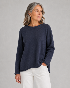 organic cotton jumper in navy marl by Ochre Knitwear, front view with relaxed fit, wide neckline and curved hem